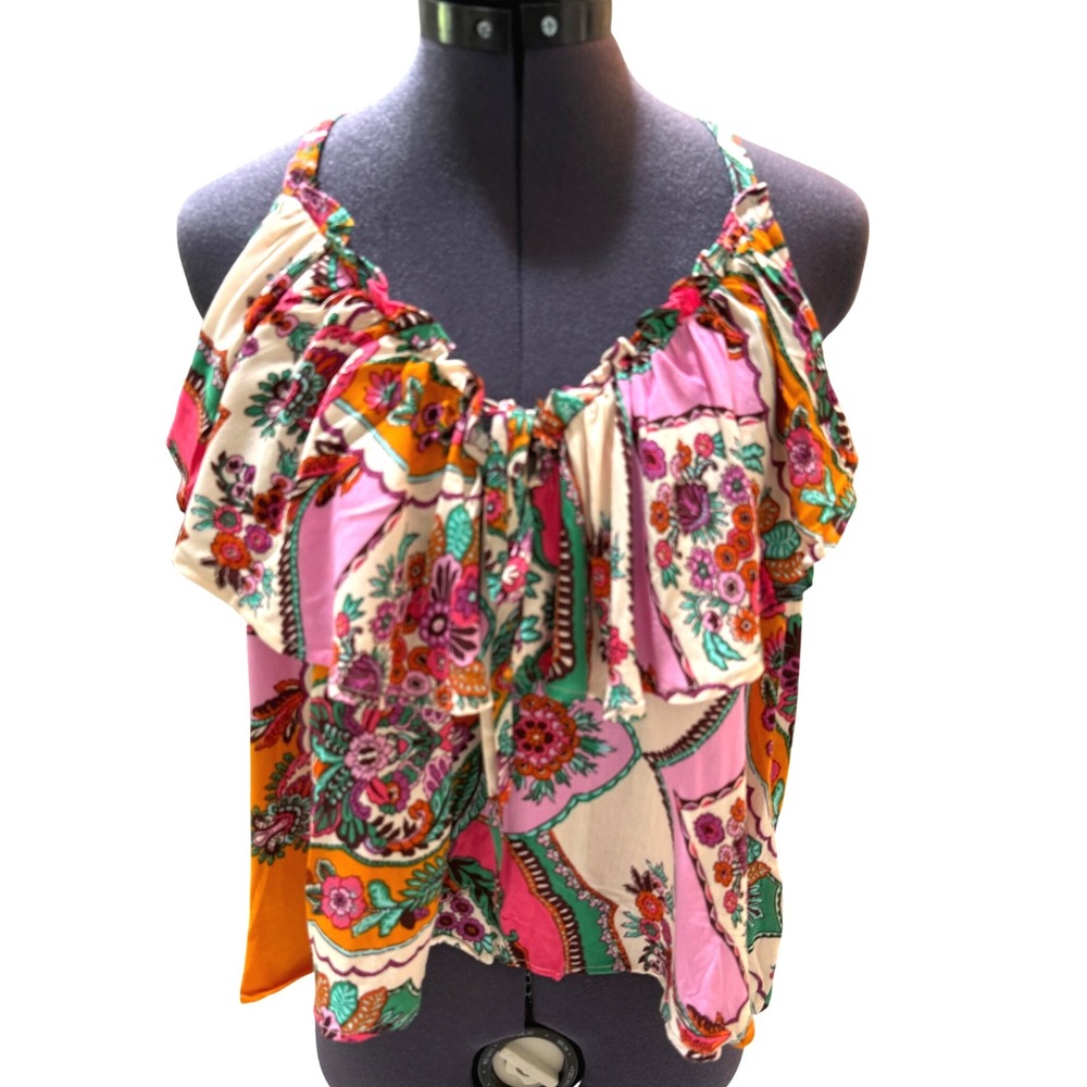 NWT Galita Pants Top Colorful Floral Paisley Print Ruffle 2-Piece Set Size L - Picture 3 of 12
